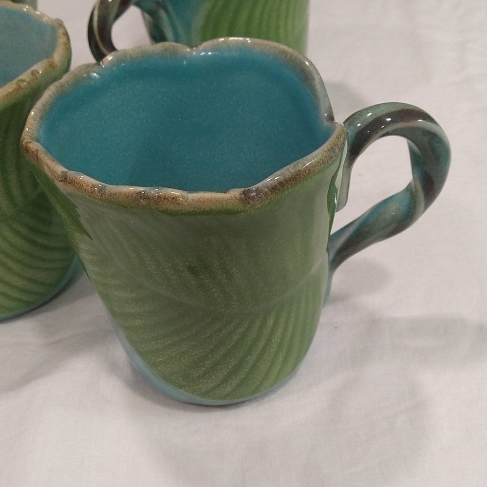 4 leaf mugs hand painted Italy Neiman Marcus aqua green coastal extra large - Picture 4 of 9